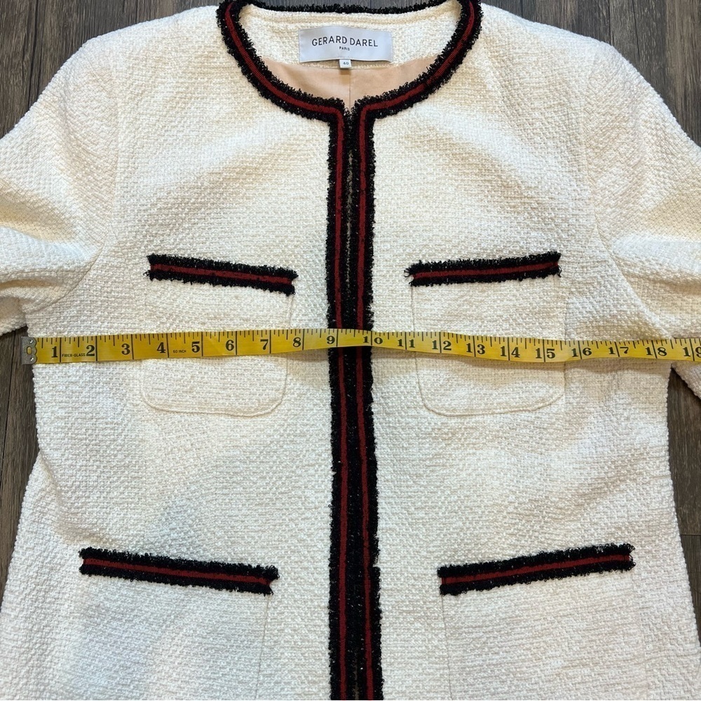 Gerard Darel Ivory Woven Tweed Blazer Long Sleeves Mock Neck Mid Length Summer M - Picture 14 of 15